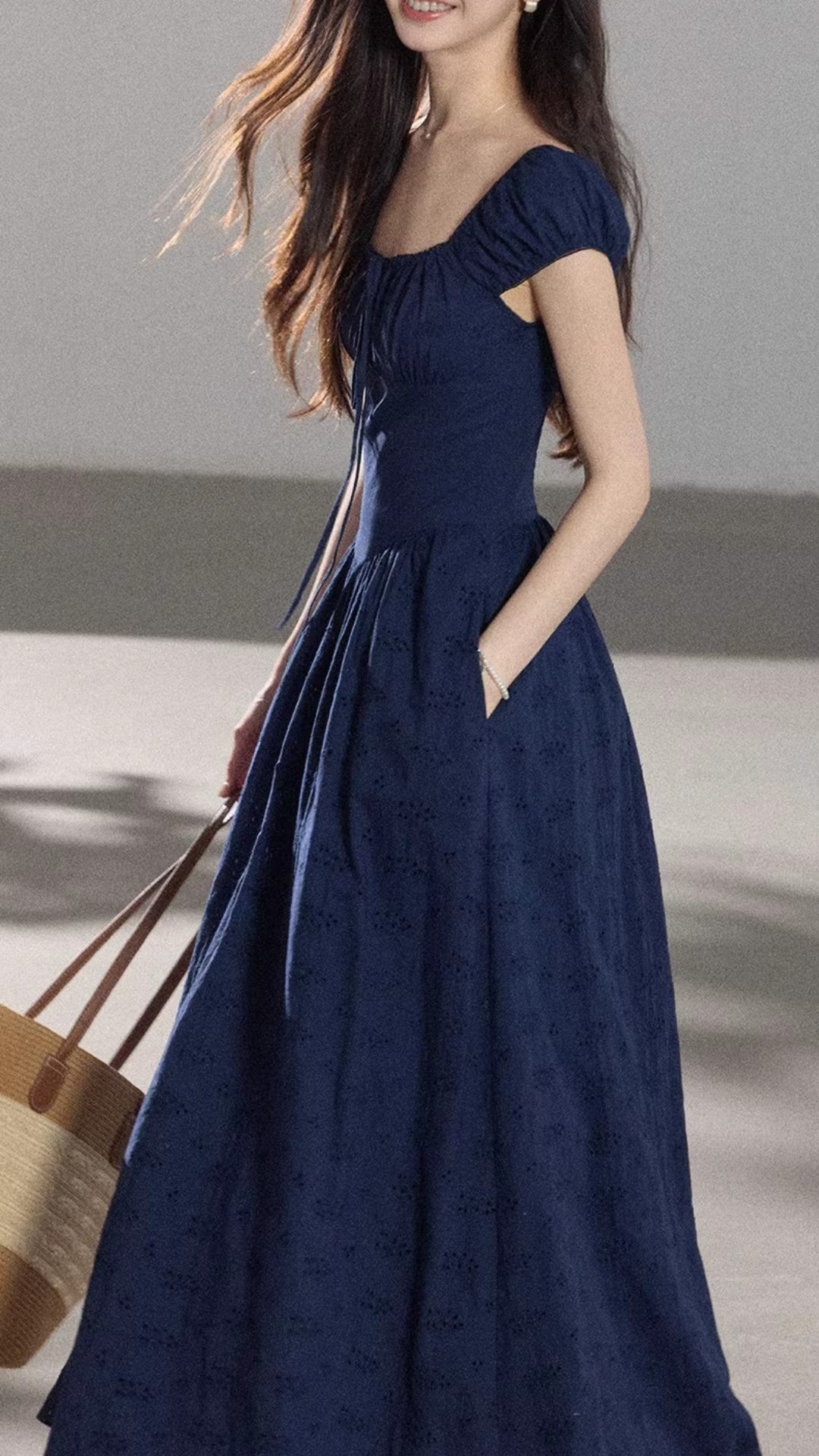 Plus Size Navy Blue Square Neck Puff Sleeve Tie Detail Eyelet Embroidered Maxi Dress