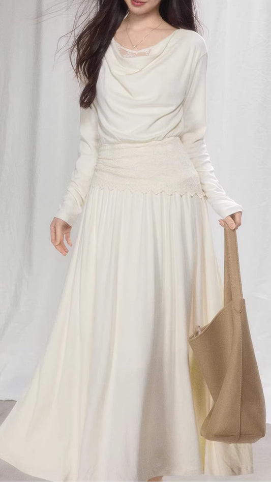 Plus Size Cream Cowl Neck Long Sleeve Lace Trim Ruched Waist Maxi Dress