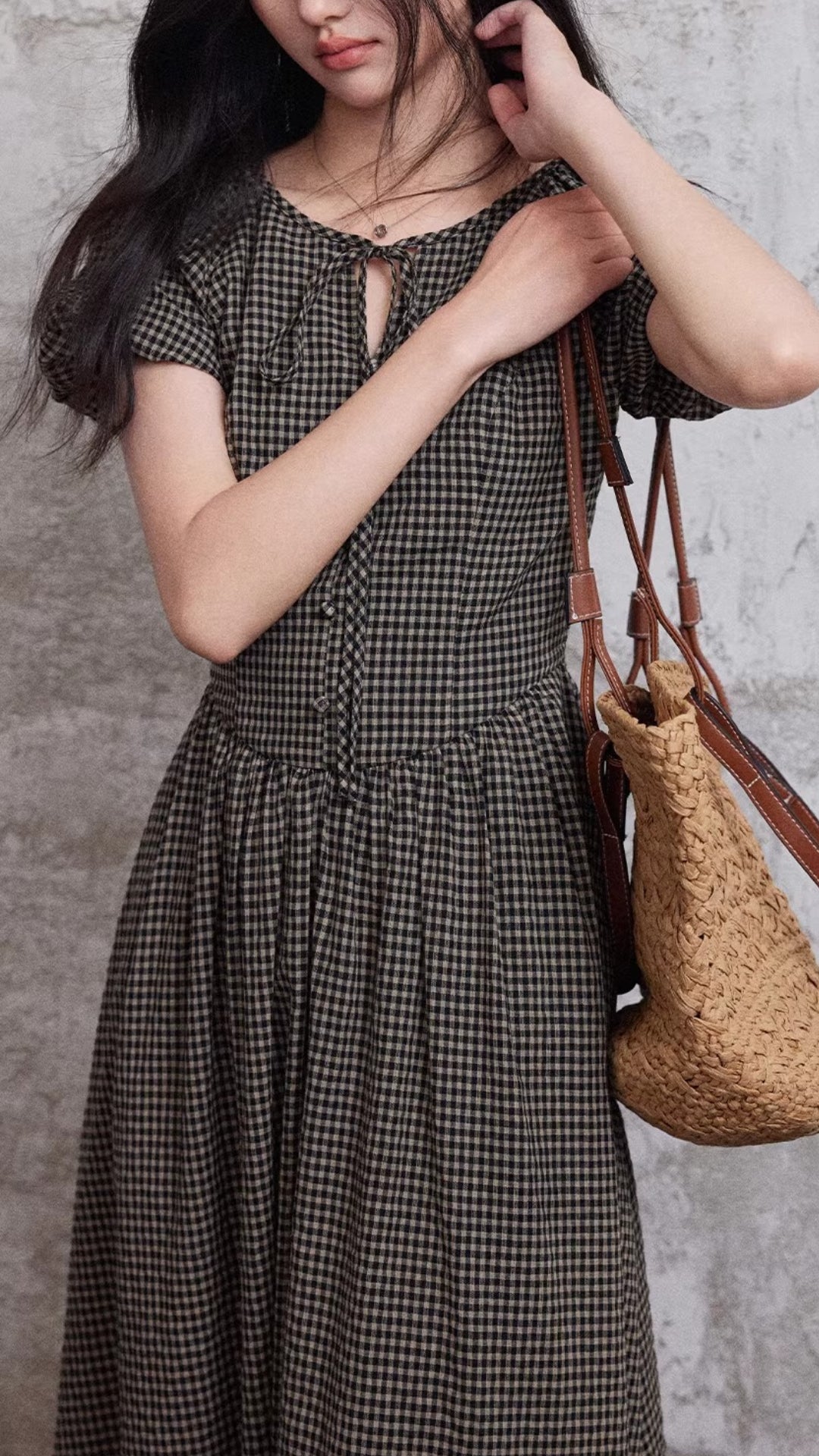 Boho Brown Gingham Tie Neck Midi Dress