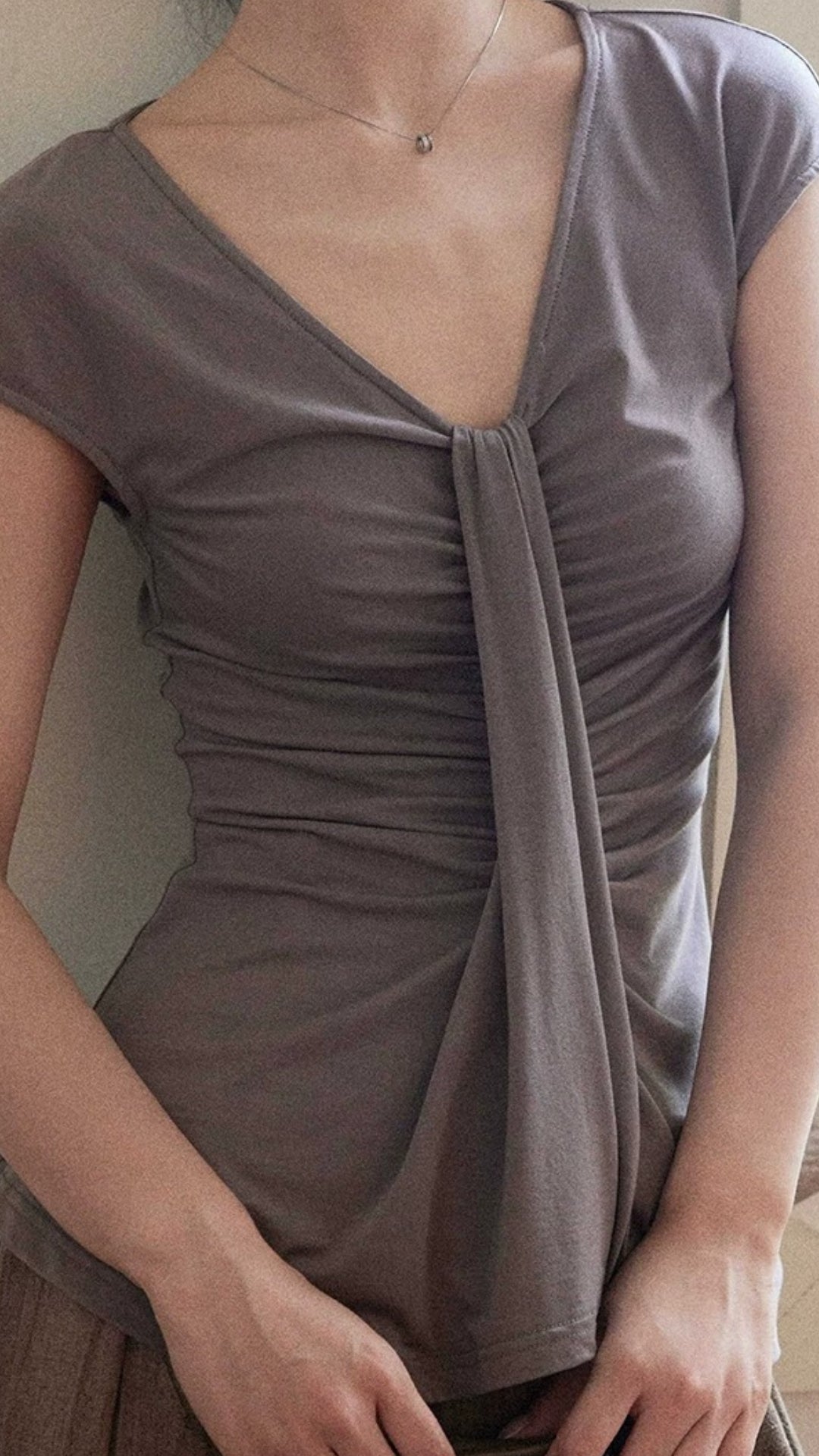 Gray V-neck Ruched Draped Short Sleeve Top