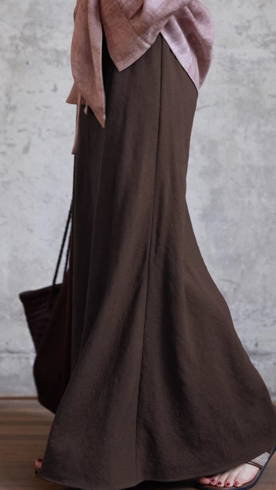 Plus Size Dark Brown High Waist Asymmetric Seam Flowy Maxi Skirt