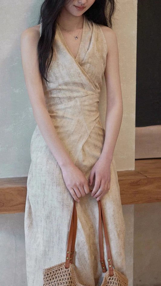 Beige V Neck Wrap Sleeveless Waist Tie Maxi Dresses Summer