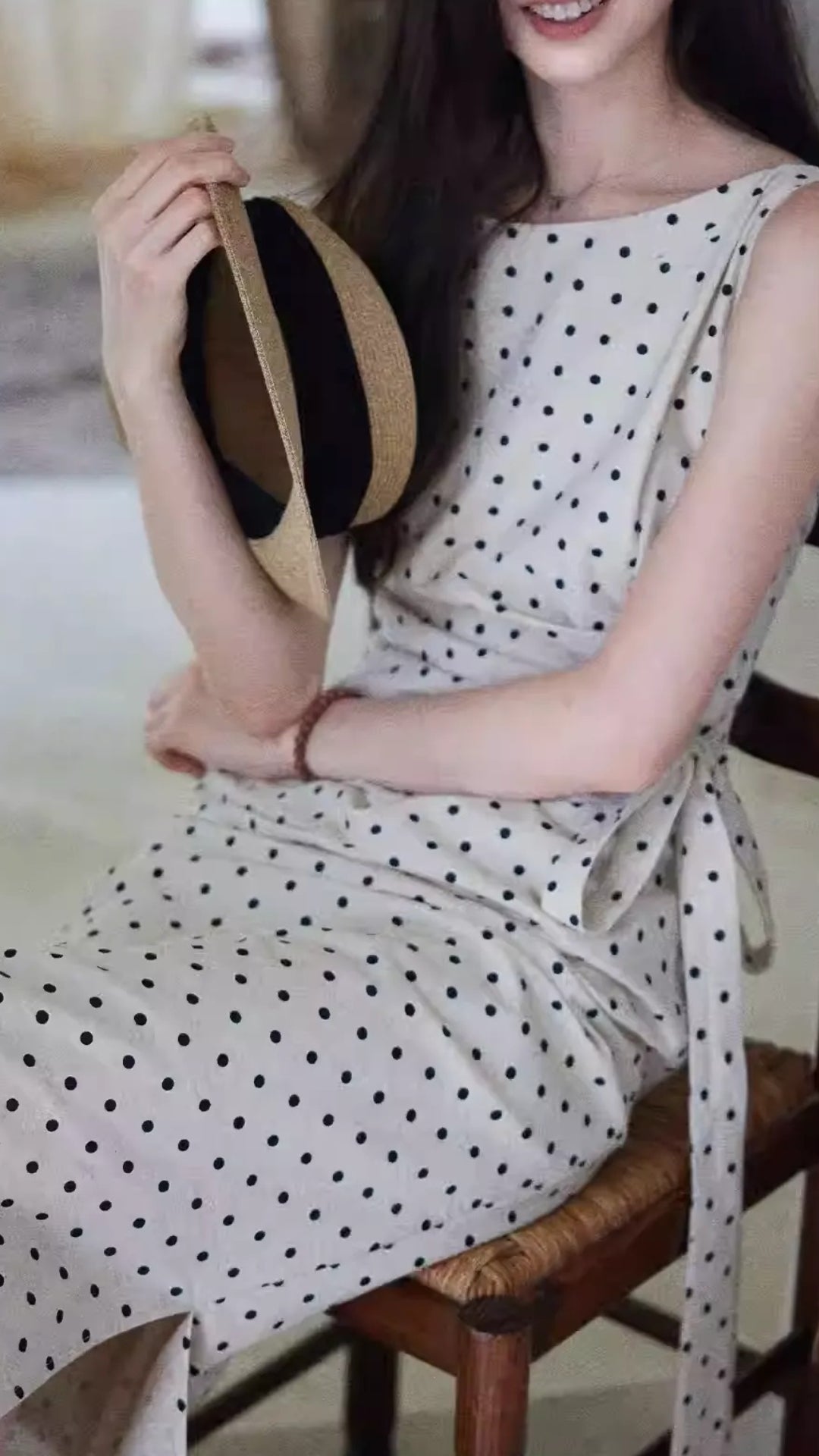 Plus Size Beige Polka Dot Sleeveless Wrap Tie Waist Slit Midi Dresses Summer