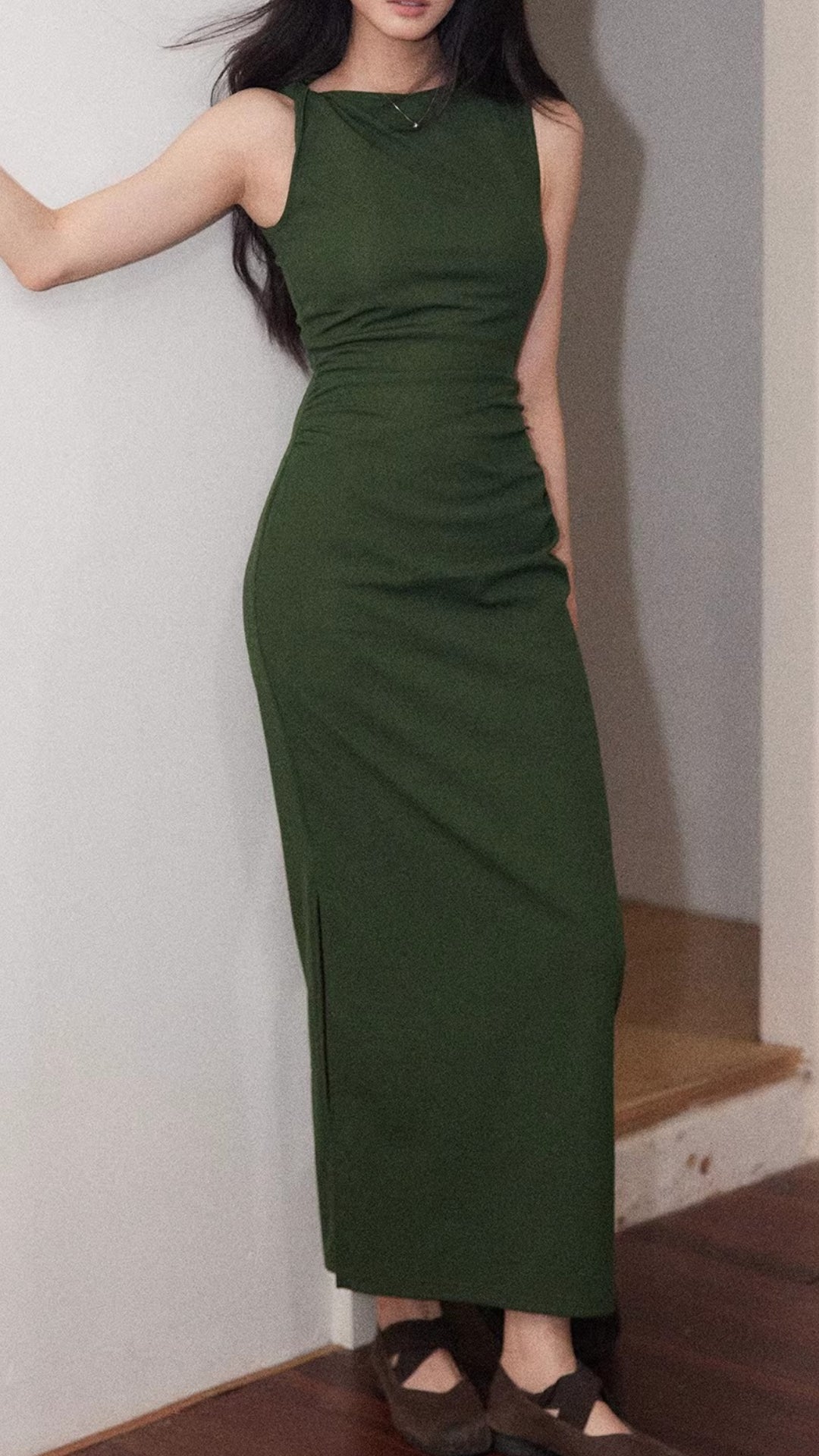 Plus Size Dark Green Draped Neck Sleeveless Ruched Bodycon Maxi Dress