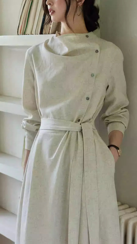 Beige Stand Collar Button Side Belted Waist Long Sleeve Maxi Dresses Spring