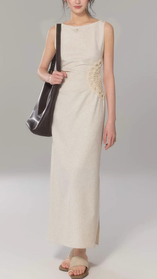 Plus Size Off-White Boat Neck Cap Sleeve Crochet Lace Waist Maxi Dress