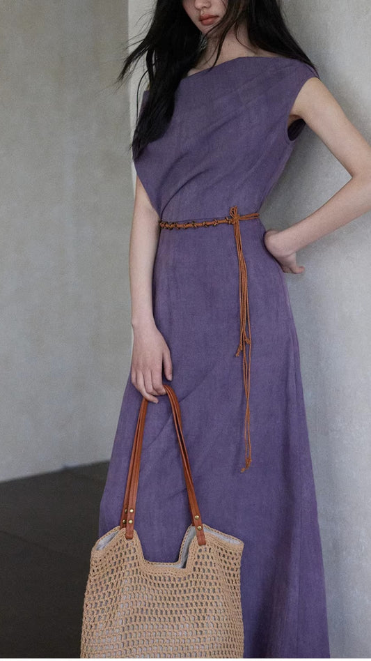 Plus Size Purple Boat Neck Off Shoulder Sleeveless Maxi Dress (Belt Not Included)