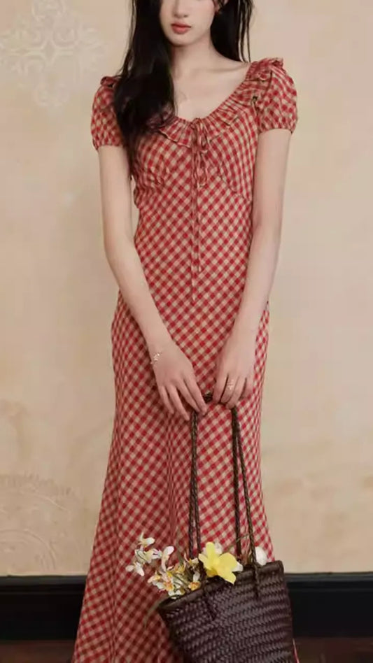 Elegant Gingham V-Neck Ruffle Short Sleeve Midi Dress
