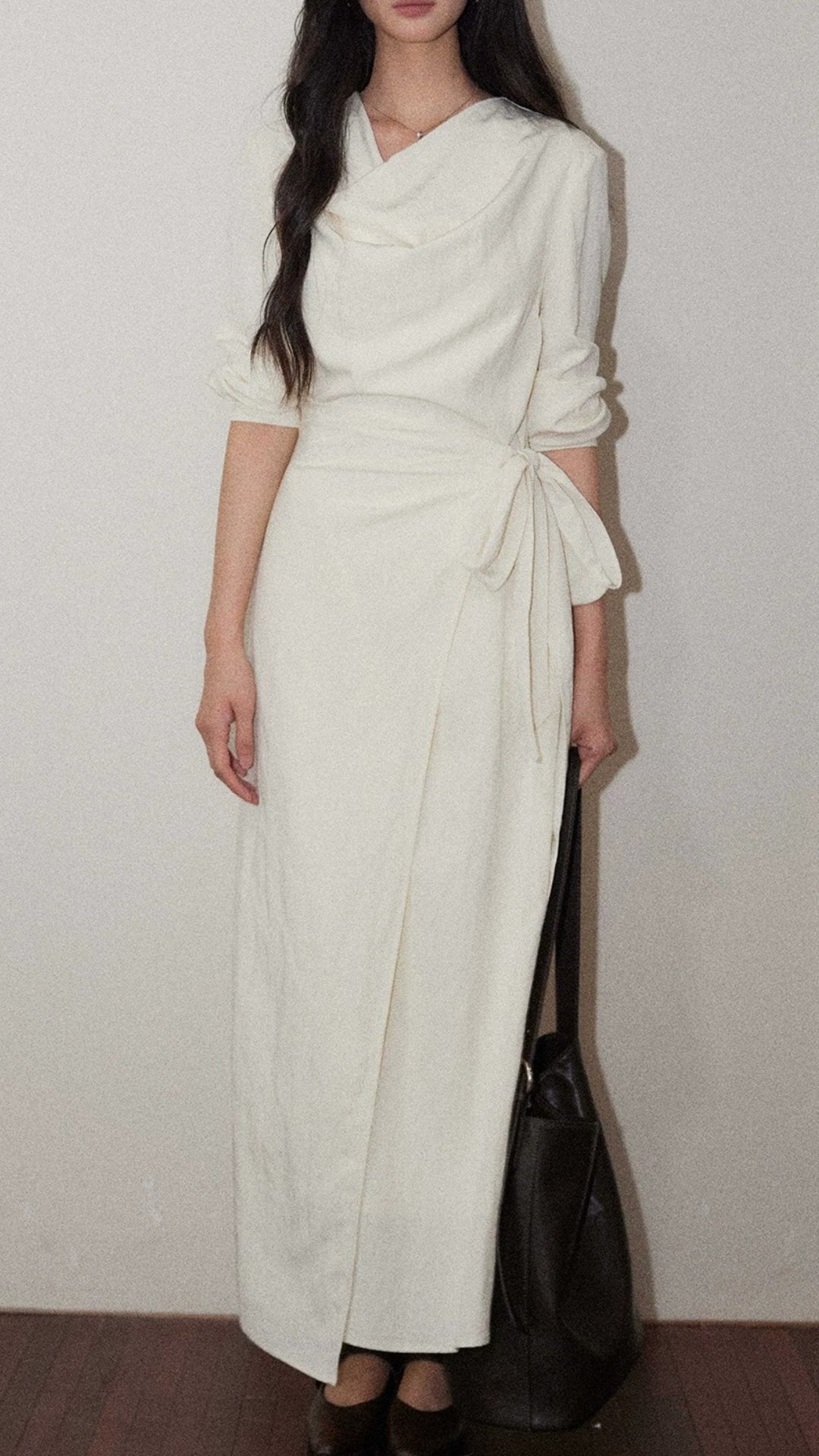 Minimalist Beige Cowl Neck Long Sleeve Belted Wrap Midi Dress
