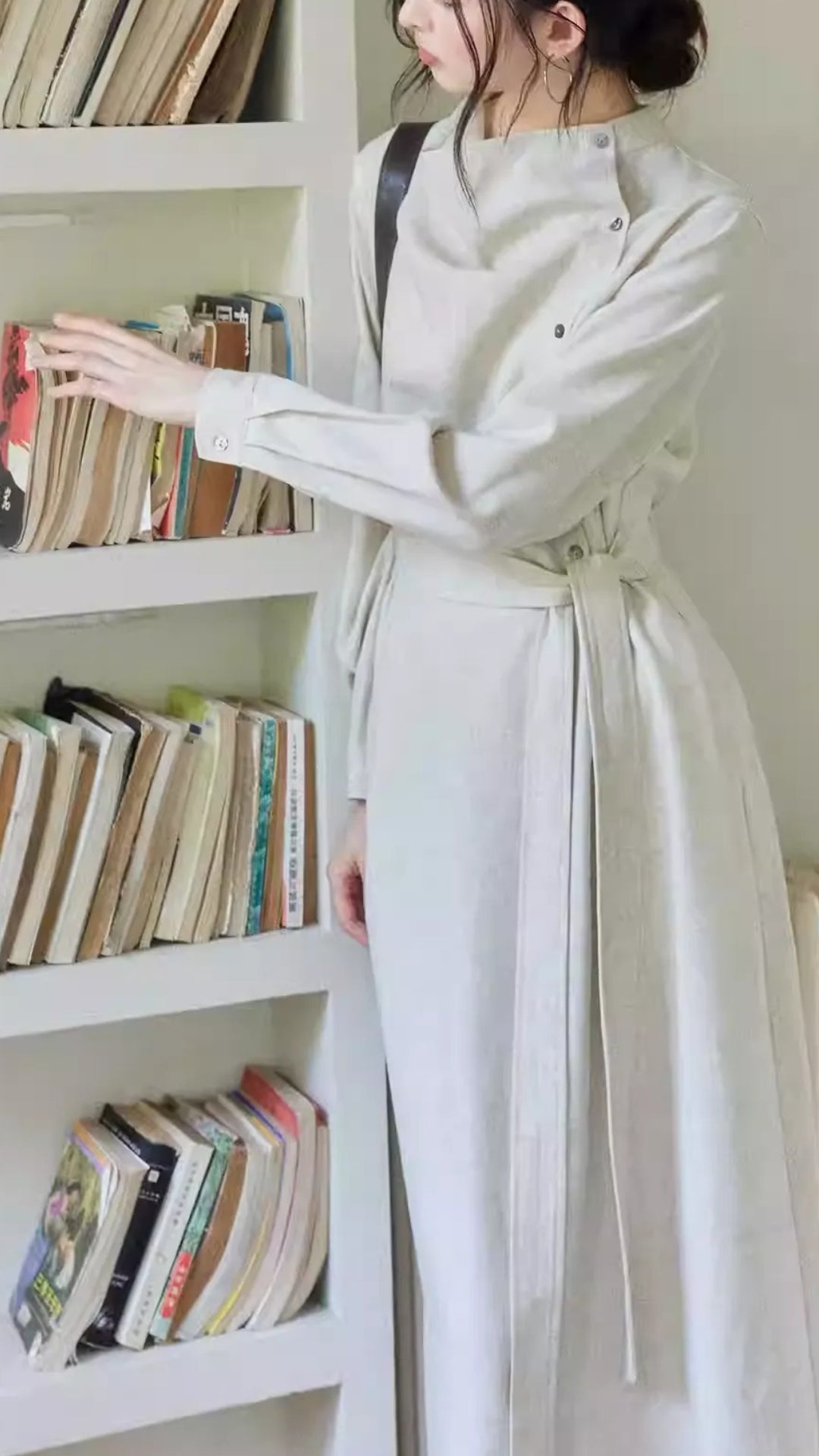 Beige Stand Collar Button Side Belted Waist Long Sleeve Maxi Dresses Spring