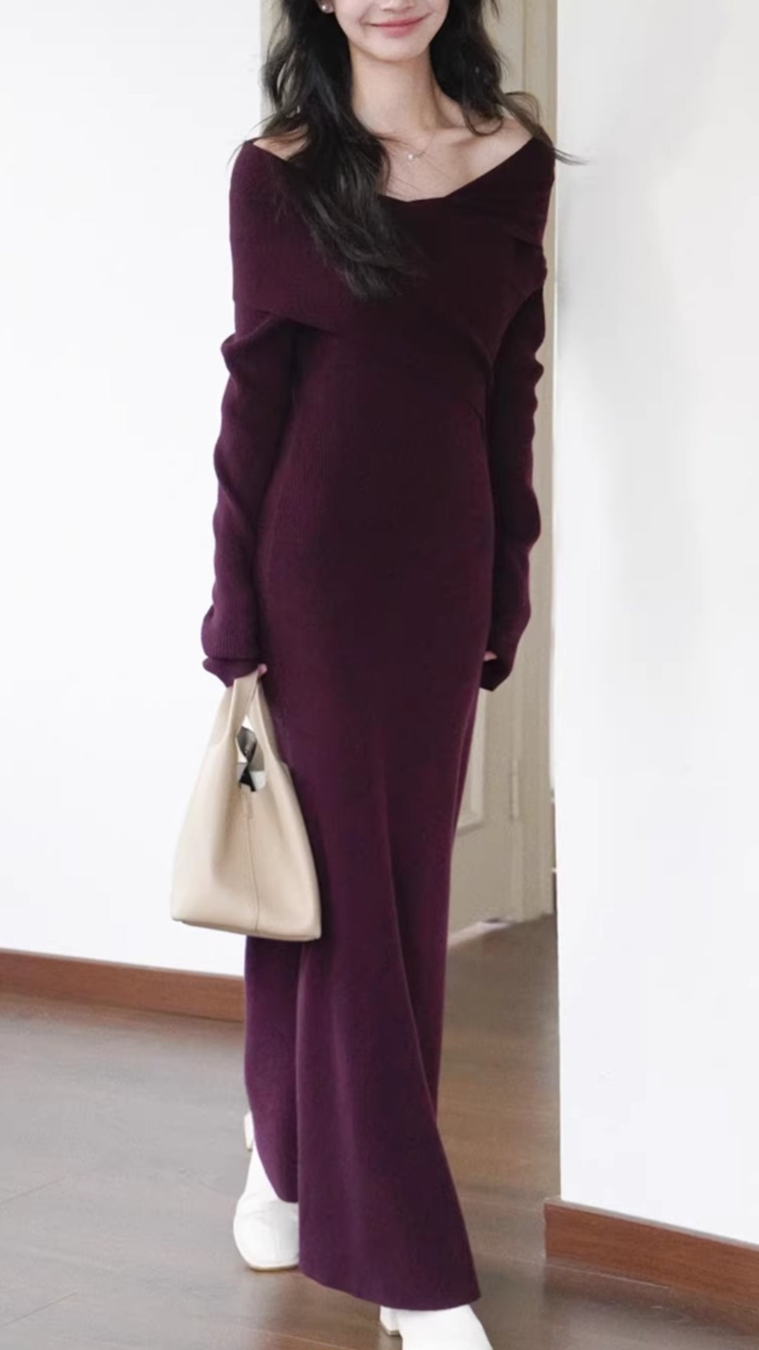 Elegant Burgundy Off-the-Shoulder Knit Midi Dress