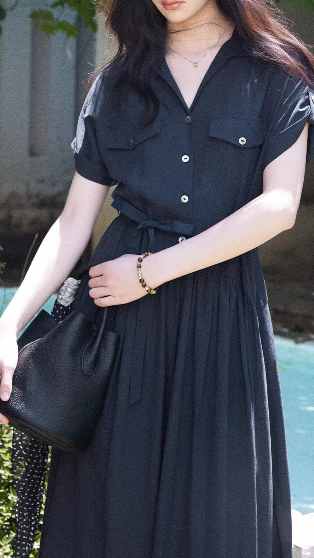 Black V-Neck Short Sleeve Belted Button Down Maxi Shirt Dress