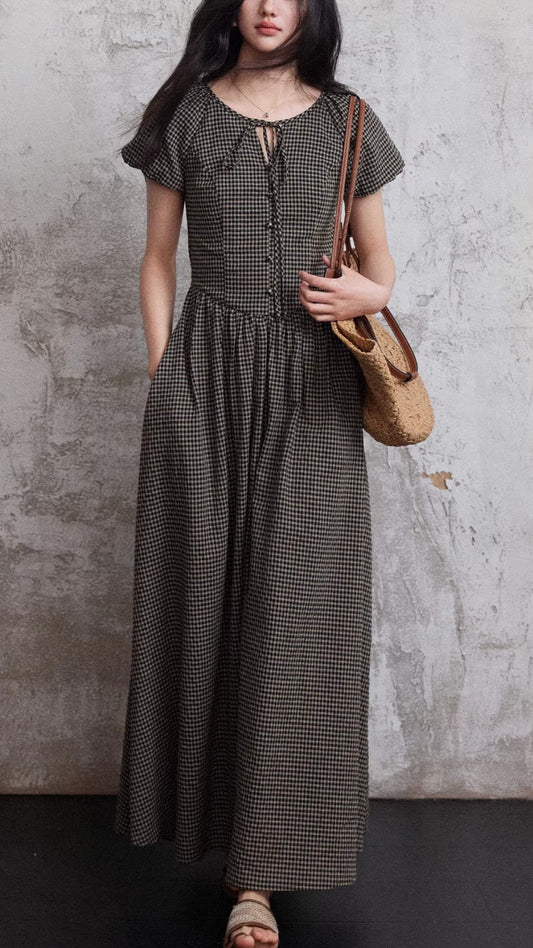 Boho Brown Gingham Tie Neck Midi Dress