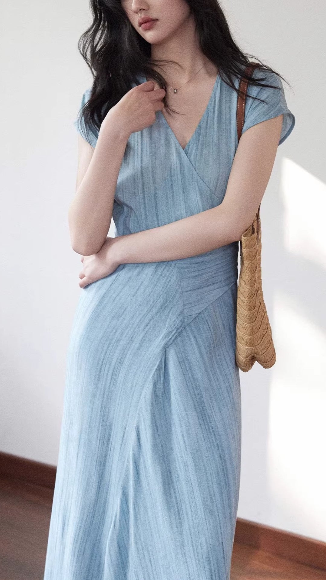 Elegant Light Blue V Neck Wrap Ruched Waist Short Sleeve Midi Dress
