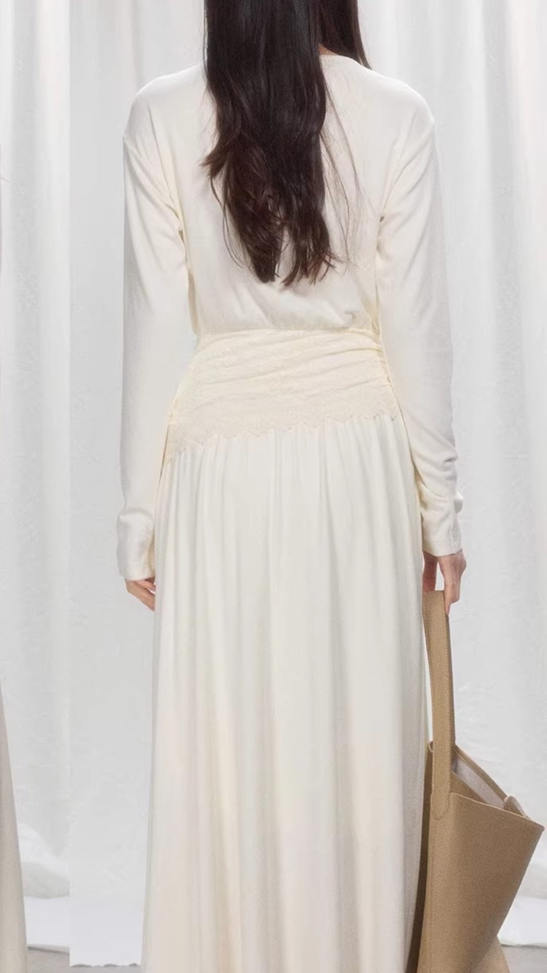 Plus Size Cream Cowl Neck Long Sleeve Lace Trim Ruched Waist Maxi Dress