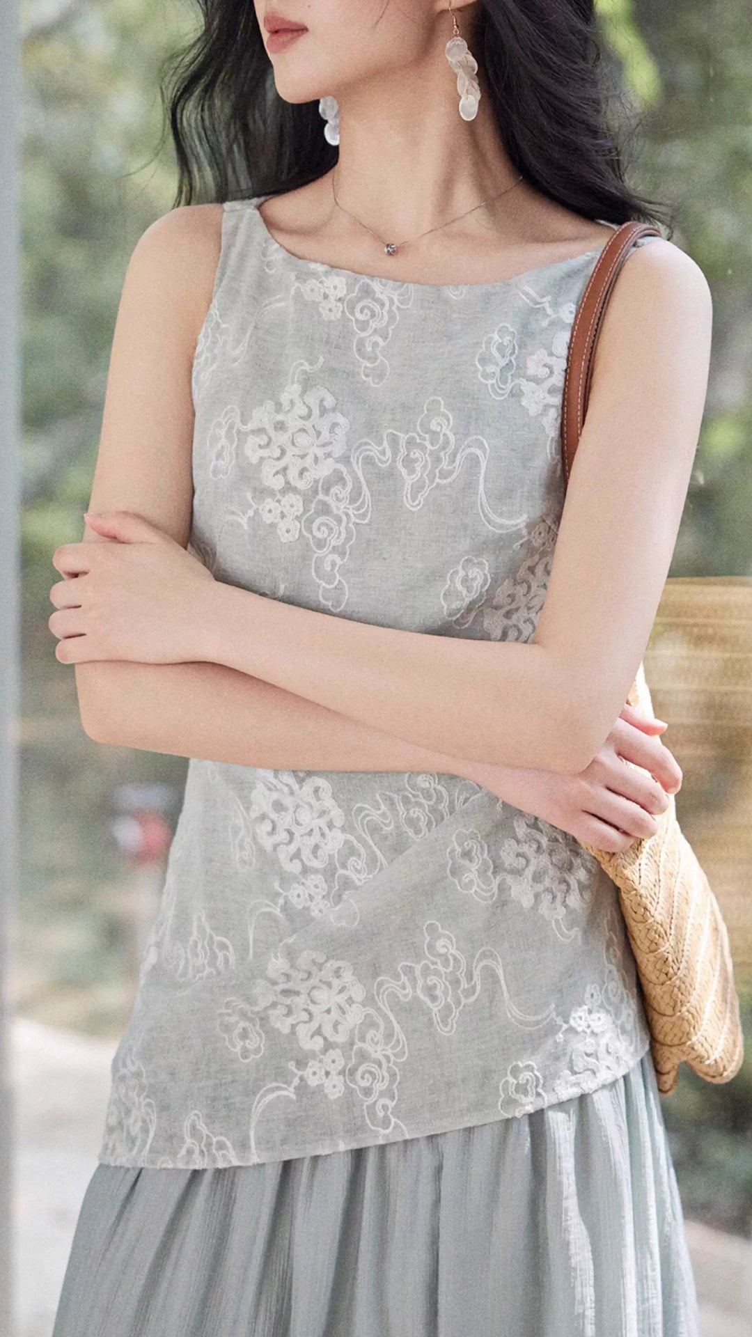 Plus Size Light Blue Sleeveless Boat Neck Asymmetric Embroidered Maxi Dress