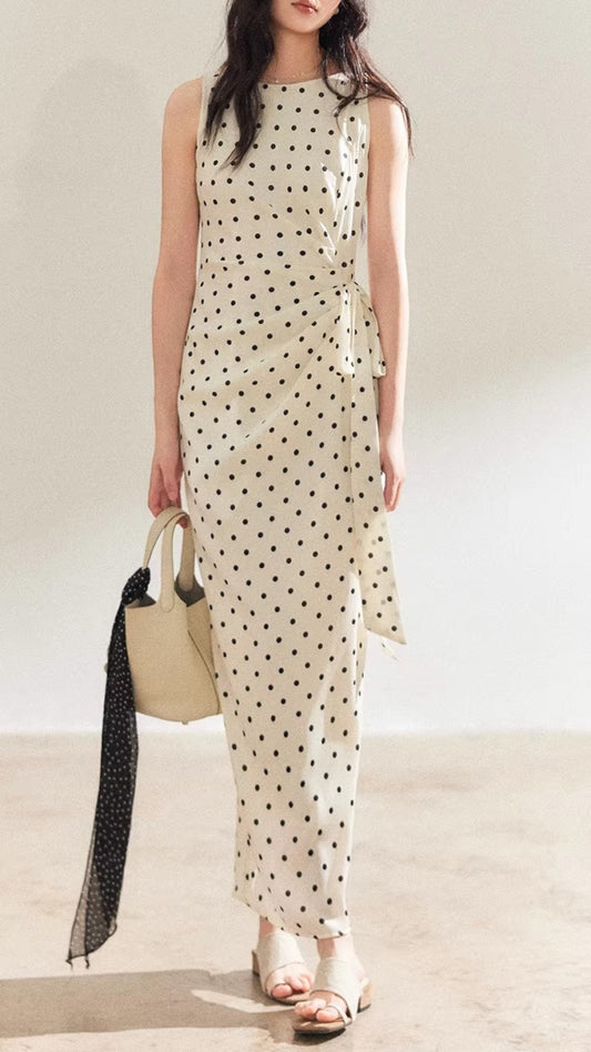 Plus Size Cream Black Polka Dot Boat Neck Sleeveless Wrap Waist Maxi Dress