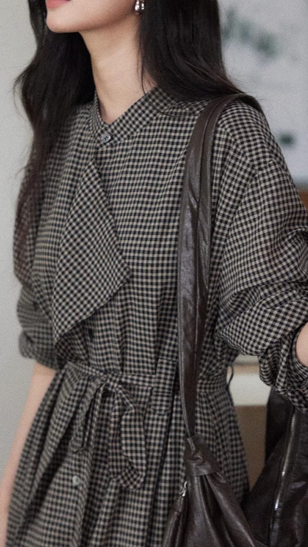 Plus Size Brown Gingham Stand Collar Long Sleeve Waist Tie Button Up Maxi Shirt Dress