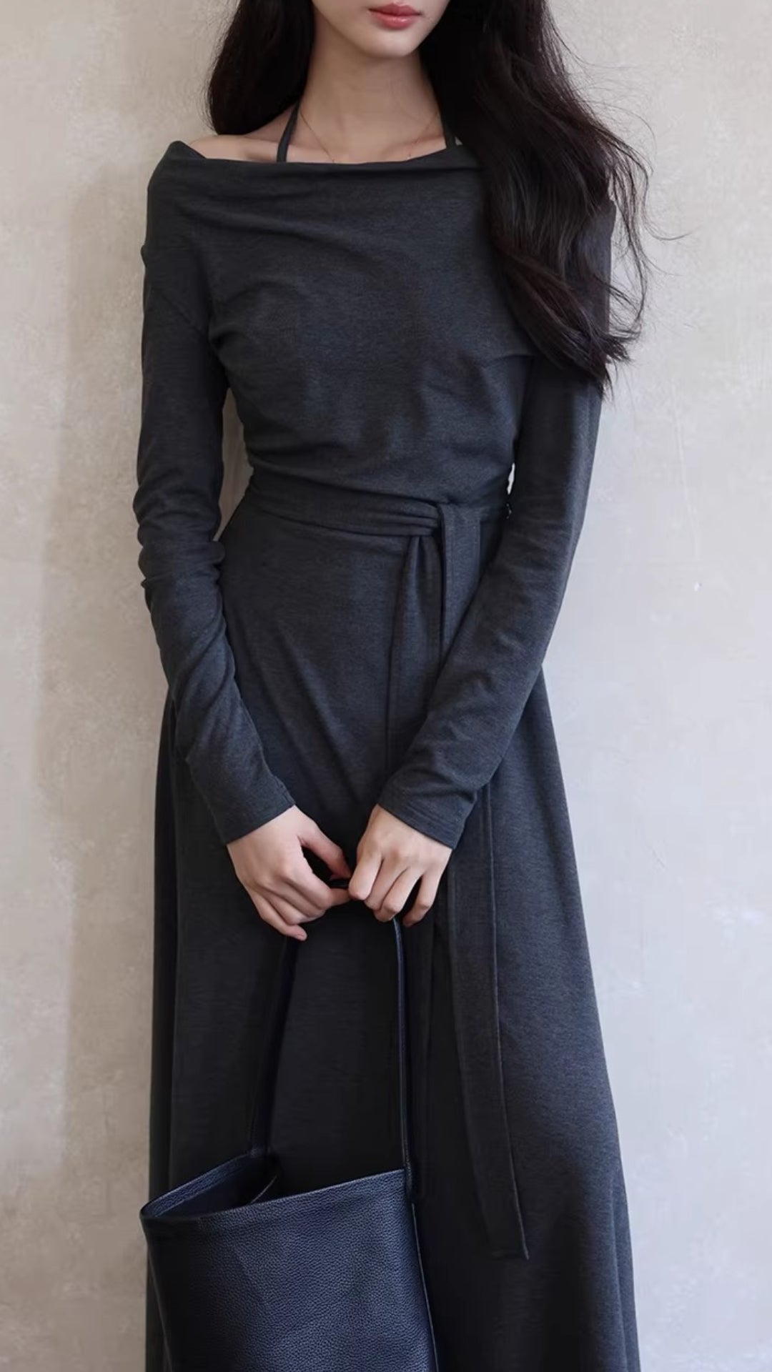 Dark Gray Cowl Neck Long Sleeve Ruched Belted Maxi Dresses Spring Summer