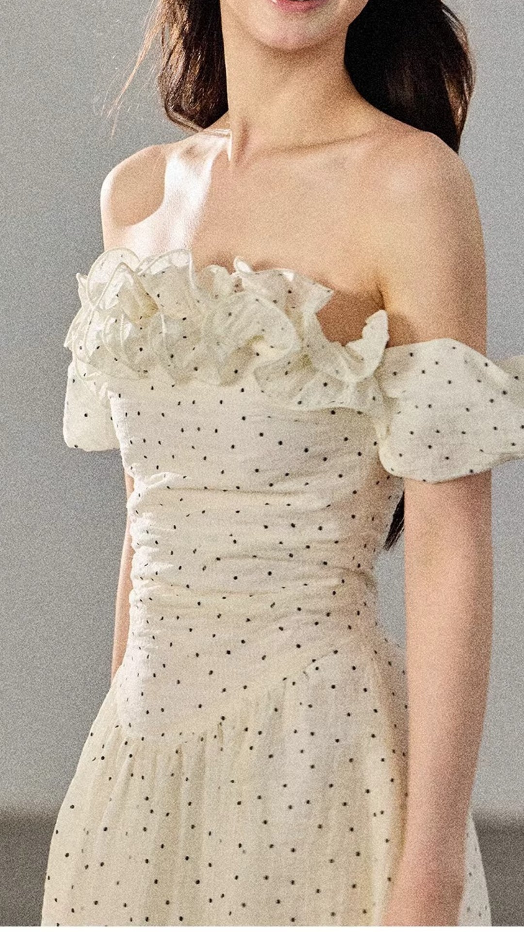 Elegant Cream Polka Dot Off-the-Shoulder Ruffle Midi Dress
