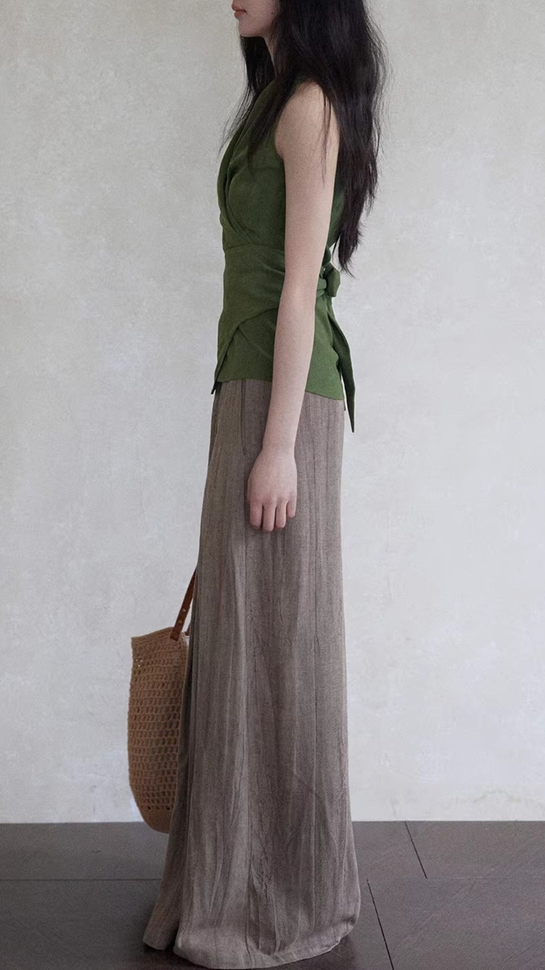 Green Draped V Neck Sleeveless Ruched Waist Asymmetrical Hem Blouse Tops Summer