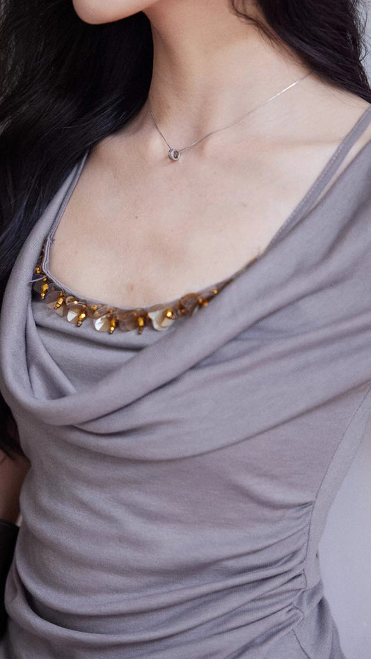 Gray Cowl Neck Ruched Short Sleeve Top