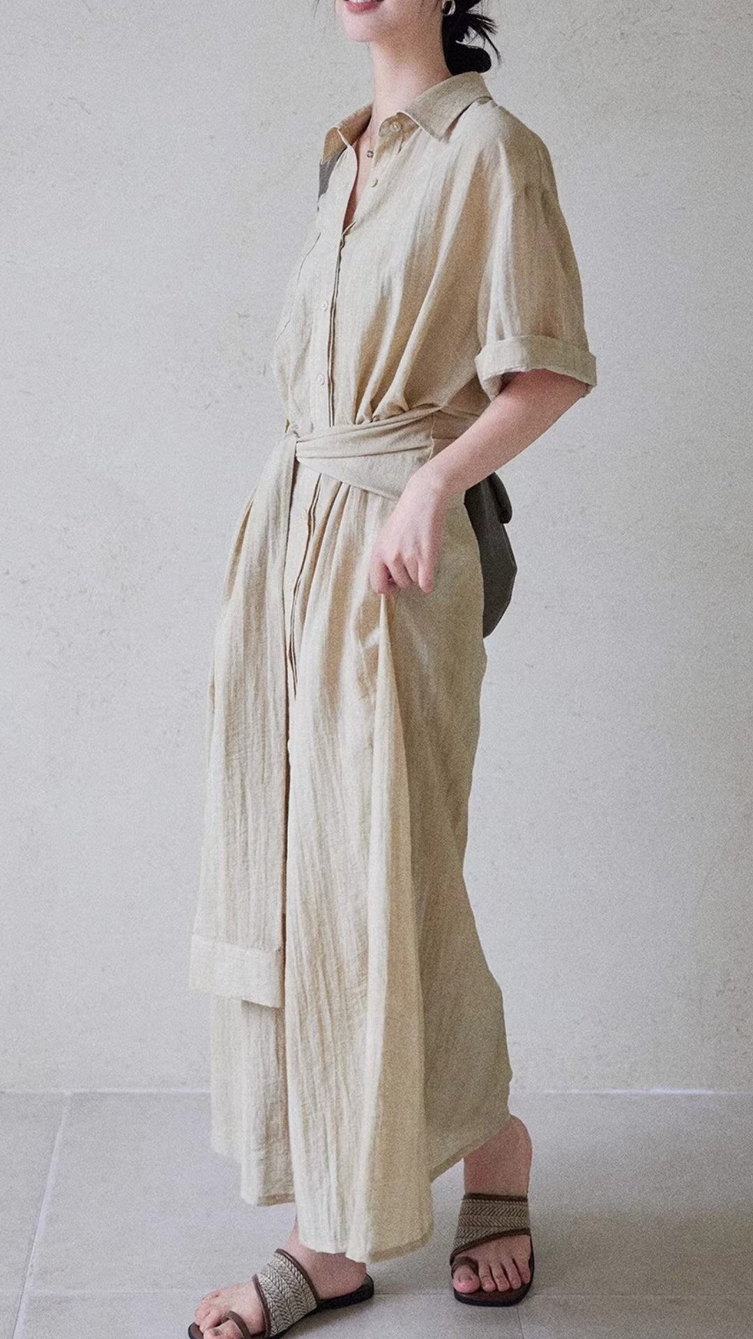 Casual Beige Belted Midi Shirt Dress