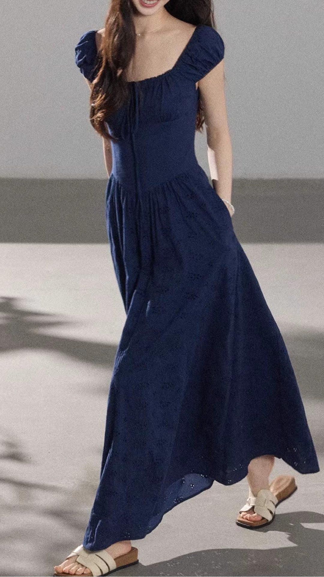 Plus Size Navy Blue Square Neck Puff Sleeve Tie Detail Eyelet Embroidered Maxi Dress