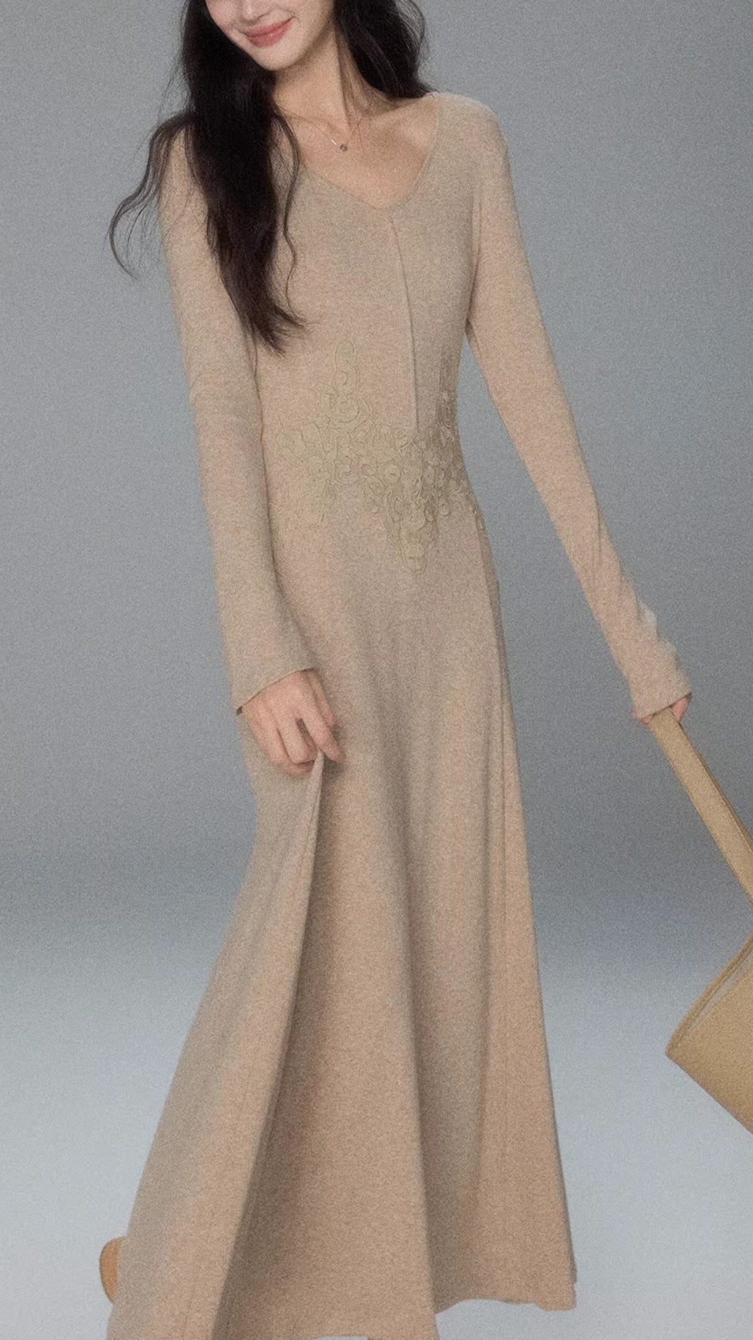 Beige V-Neck Long Sleeve Lace Patchwork Fitted Maxi Knit Dress
