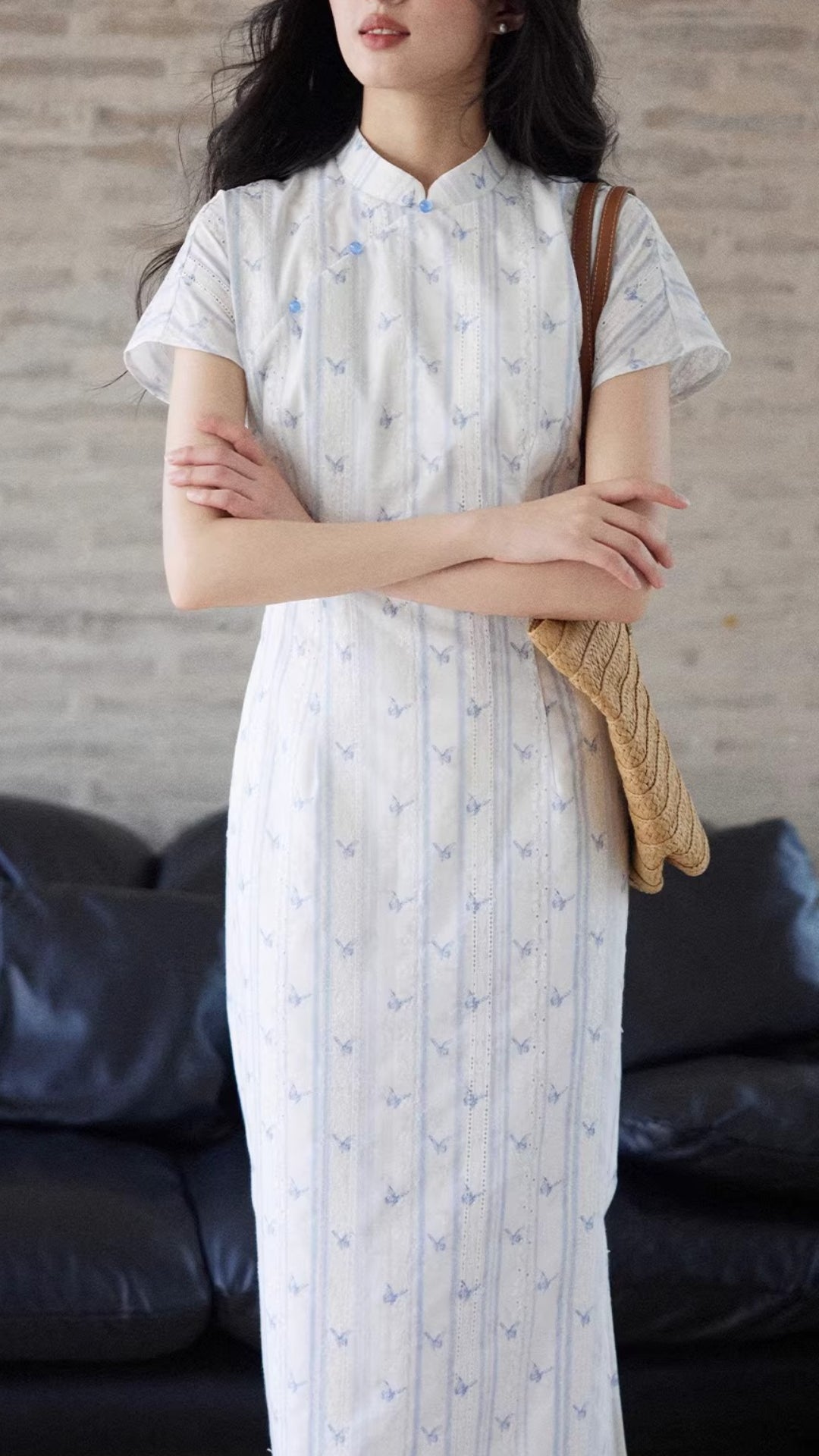 Plus Size White Striped Floral Print Qipao Collar Short Sleeve Bodycon Maxi Dress