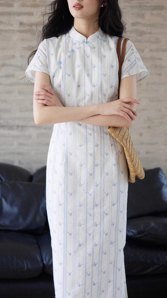 Plus Size White Striped Floral Print Qipao Collar Short Sleeve Bodycon Maxi Dress