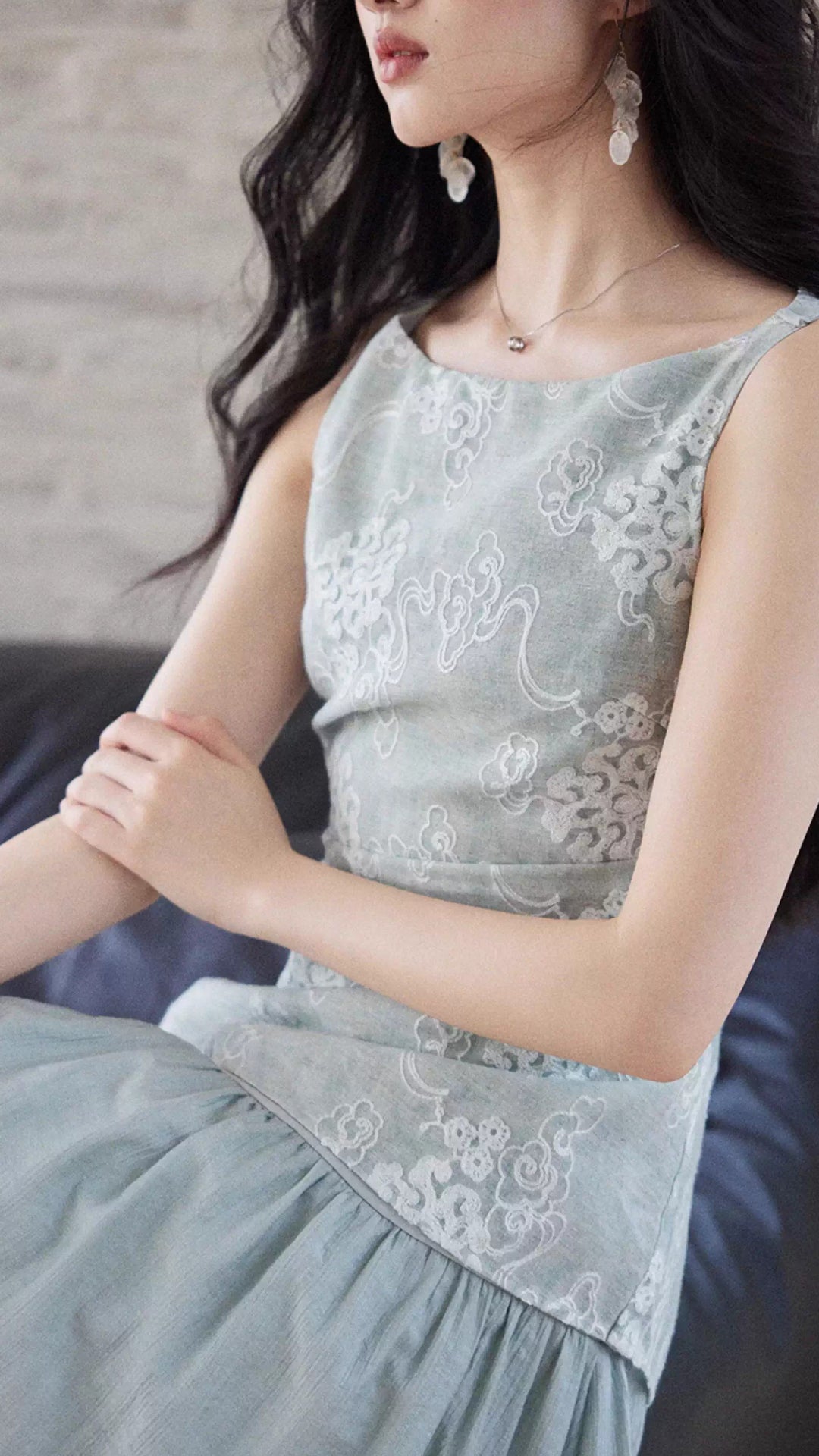 Plus Size Light Blue Sleeveless Boat Neck Asymmetric Embroidered Maxi Dress
