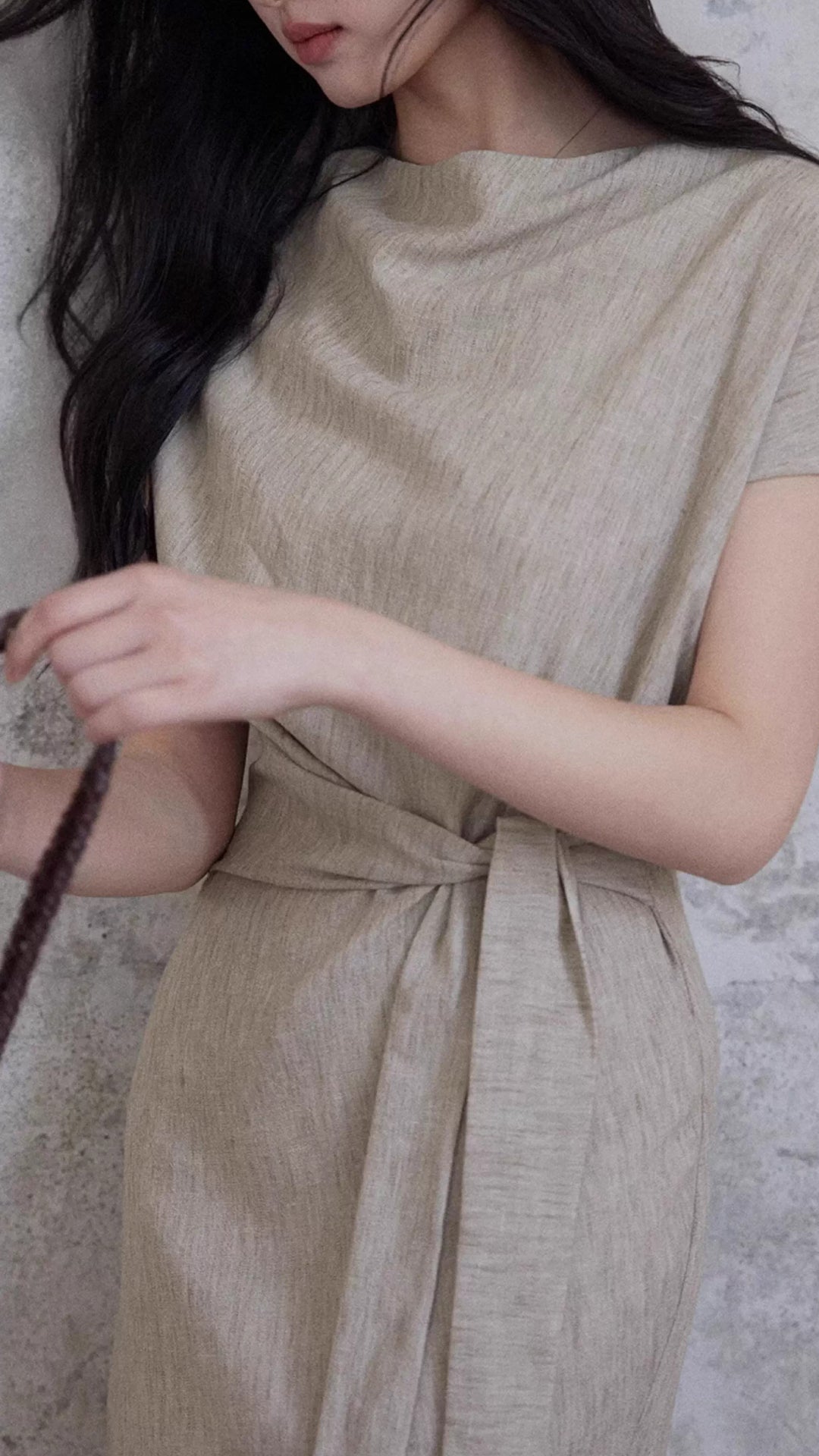 Beige Cowl Neck Short Sleeve Belted Waist Maxi Dresses Summer