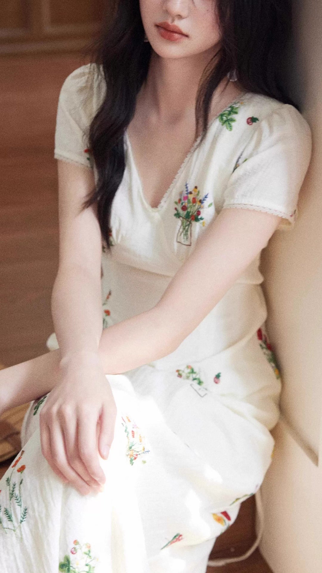 Plus Size White V-Neck Short Sleeve Floral Embroidered Maxi Dress