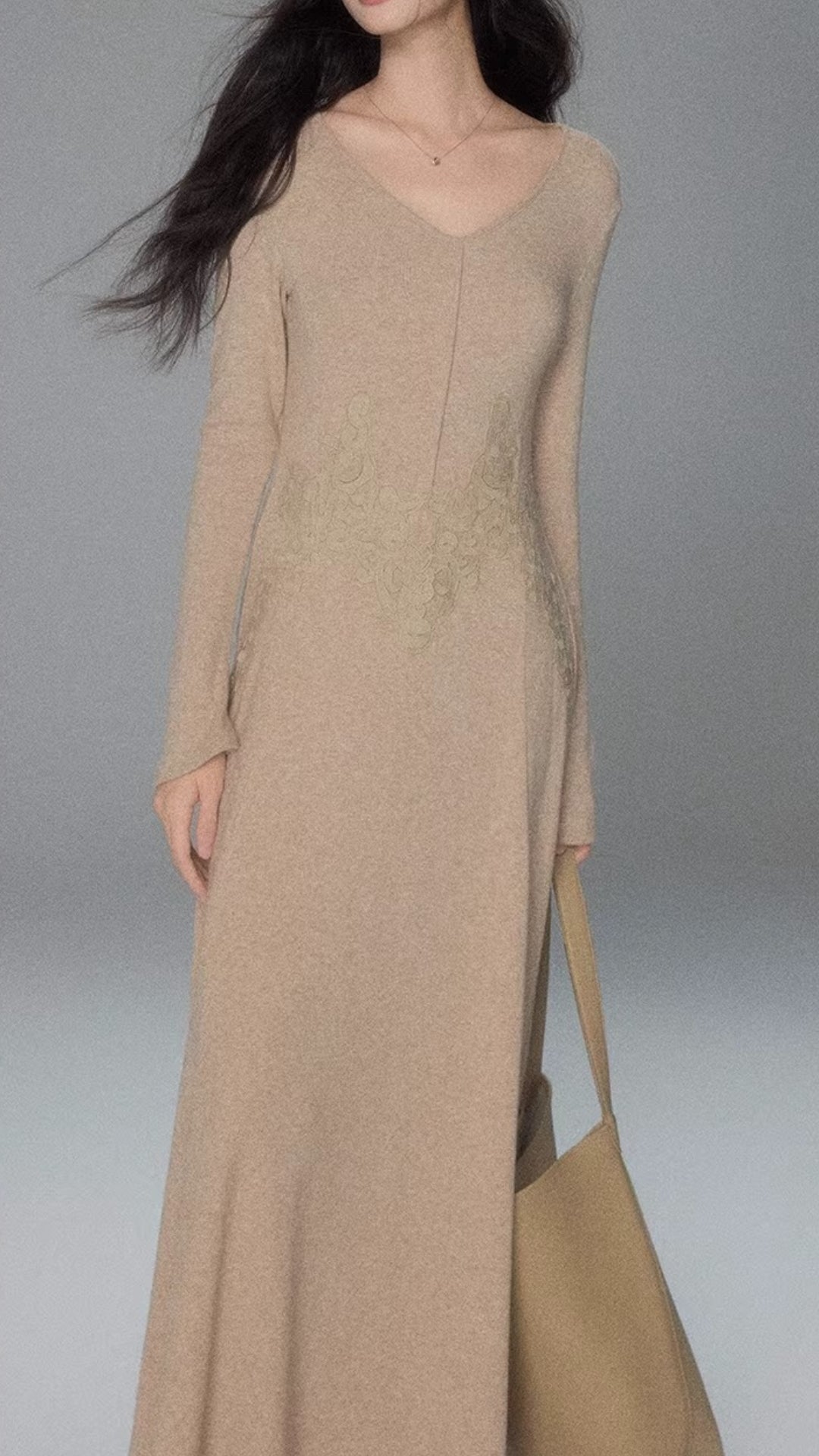 Beige V-Neck Long Sleeve Lace Patchwork Fitted Maxi Knit Dress
