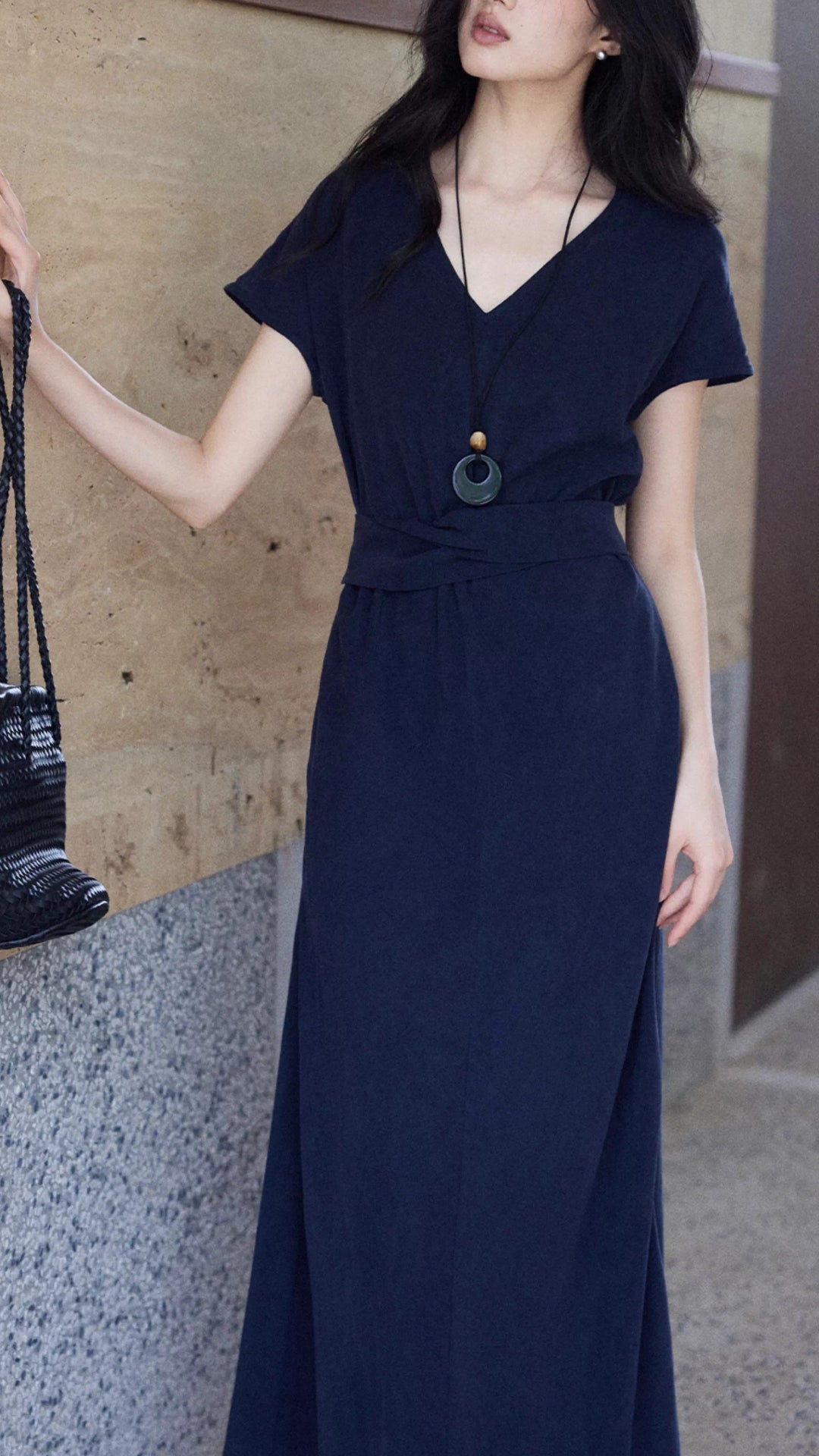 Plus Size Navy Blue V-Neck Short Sleeve Belted Pocket Maxi Dress