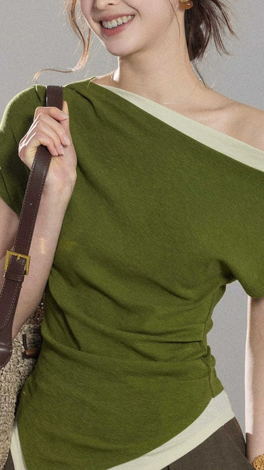 Vintage Green Modal Color Block Asymmetric Off-shoulder Top