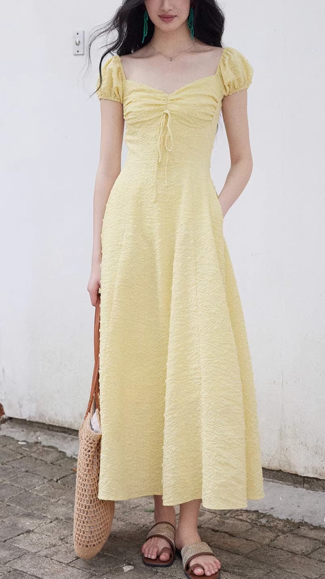 Vintage Yellow Puff Sleeve Midi Dresses