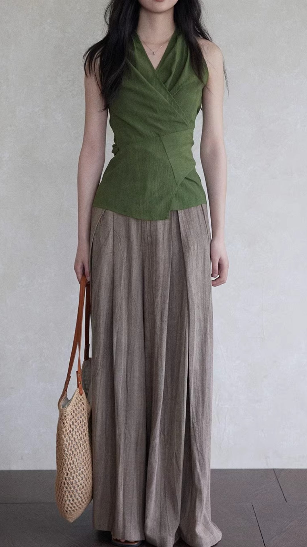 Green Draped V Neck Sleeveless Ruched Waist Asymmetrical Hem Blouse Tops Summer