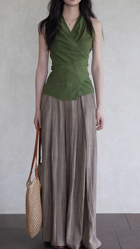 Green Draped V Neck Sleeveless Ruched Waist Asymmetrical Hem Blouse Tops Summer