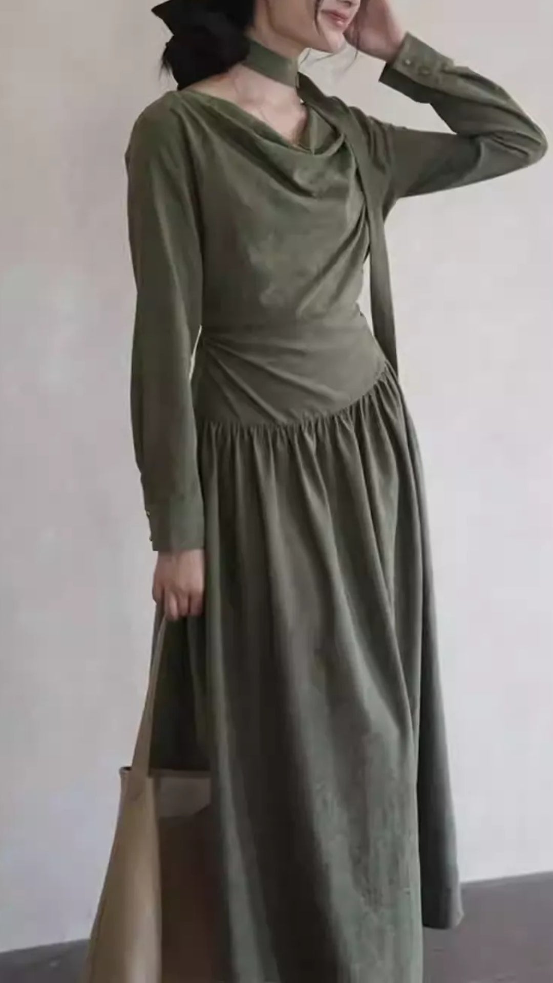 Vintage Olive Green Cowl Neck Halter Tie Long Sleeve Maxi Dress