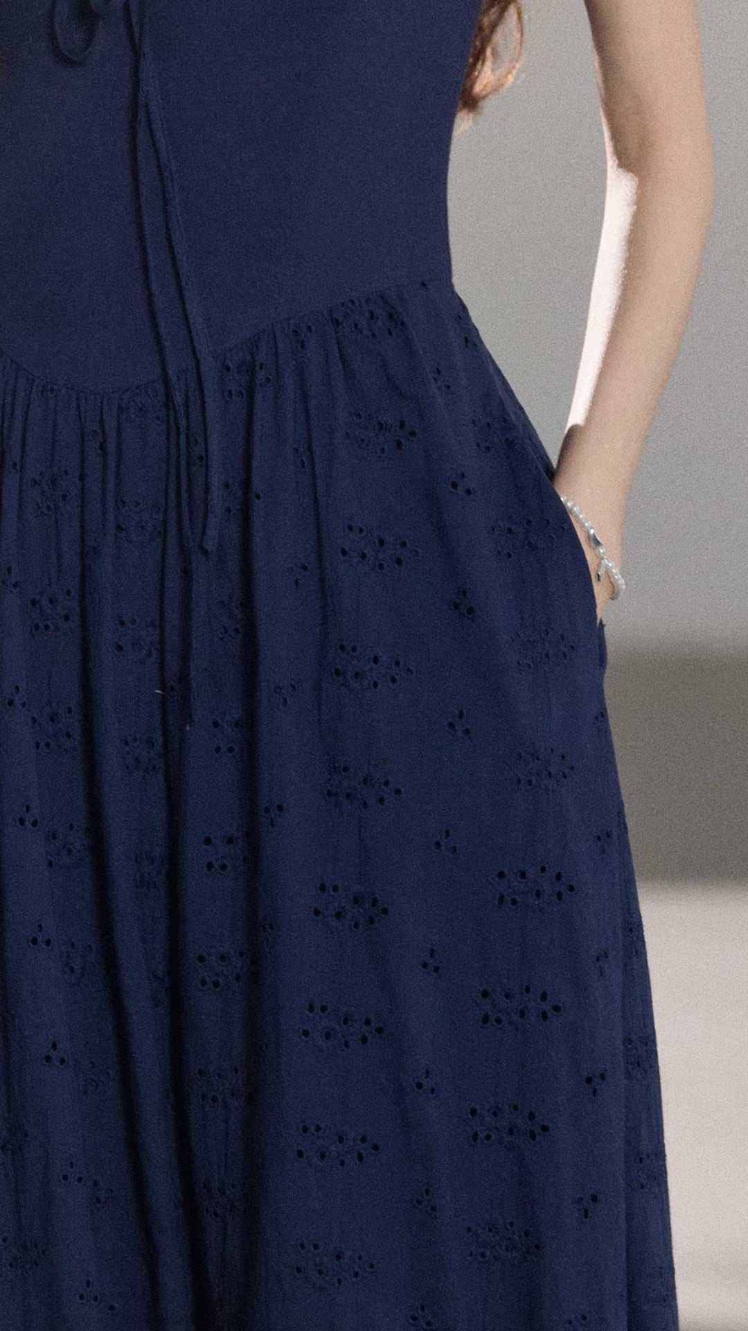 Plus Size Navy Blue Square Neck Puff Sleeve Tie Detail Eyelet Embroidered Maxi Dress