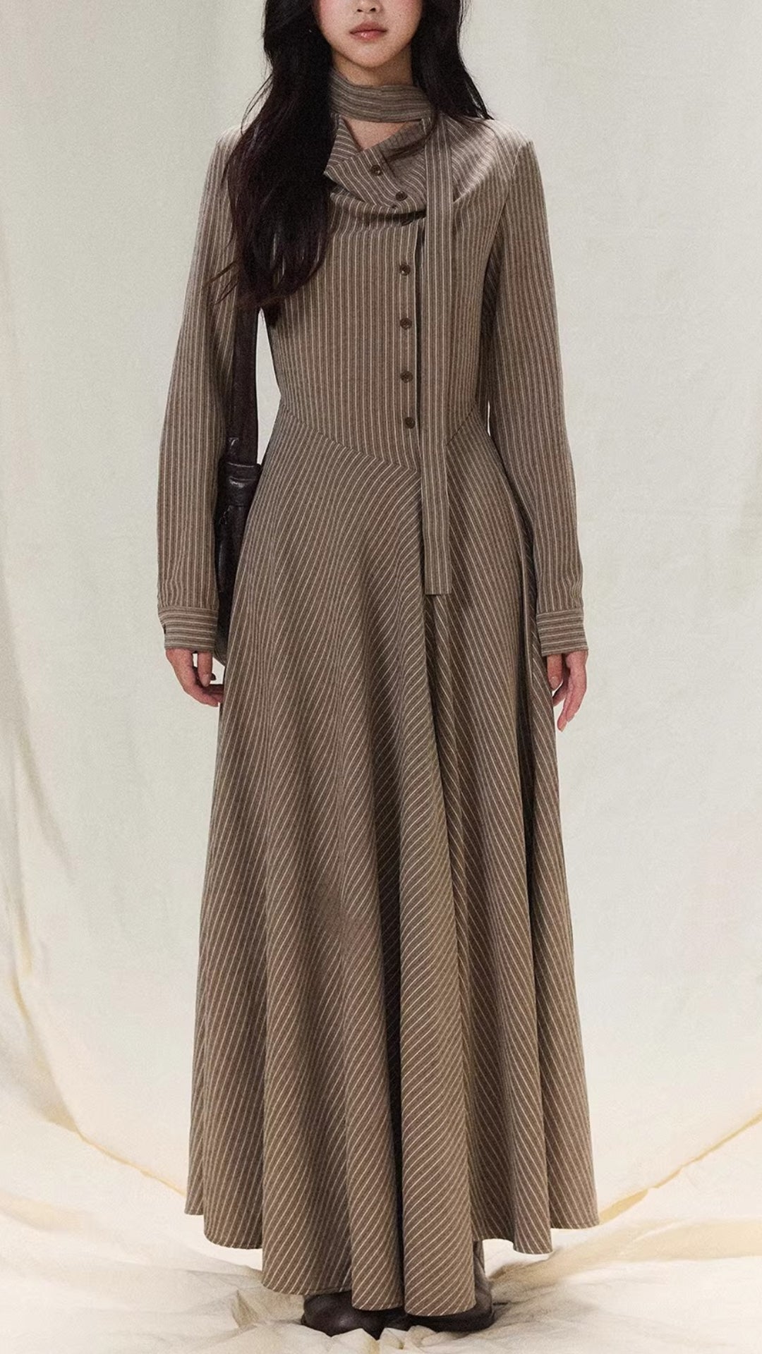 Vintage Khaki Stripe Long Sleeve Midi Shirt Dress