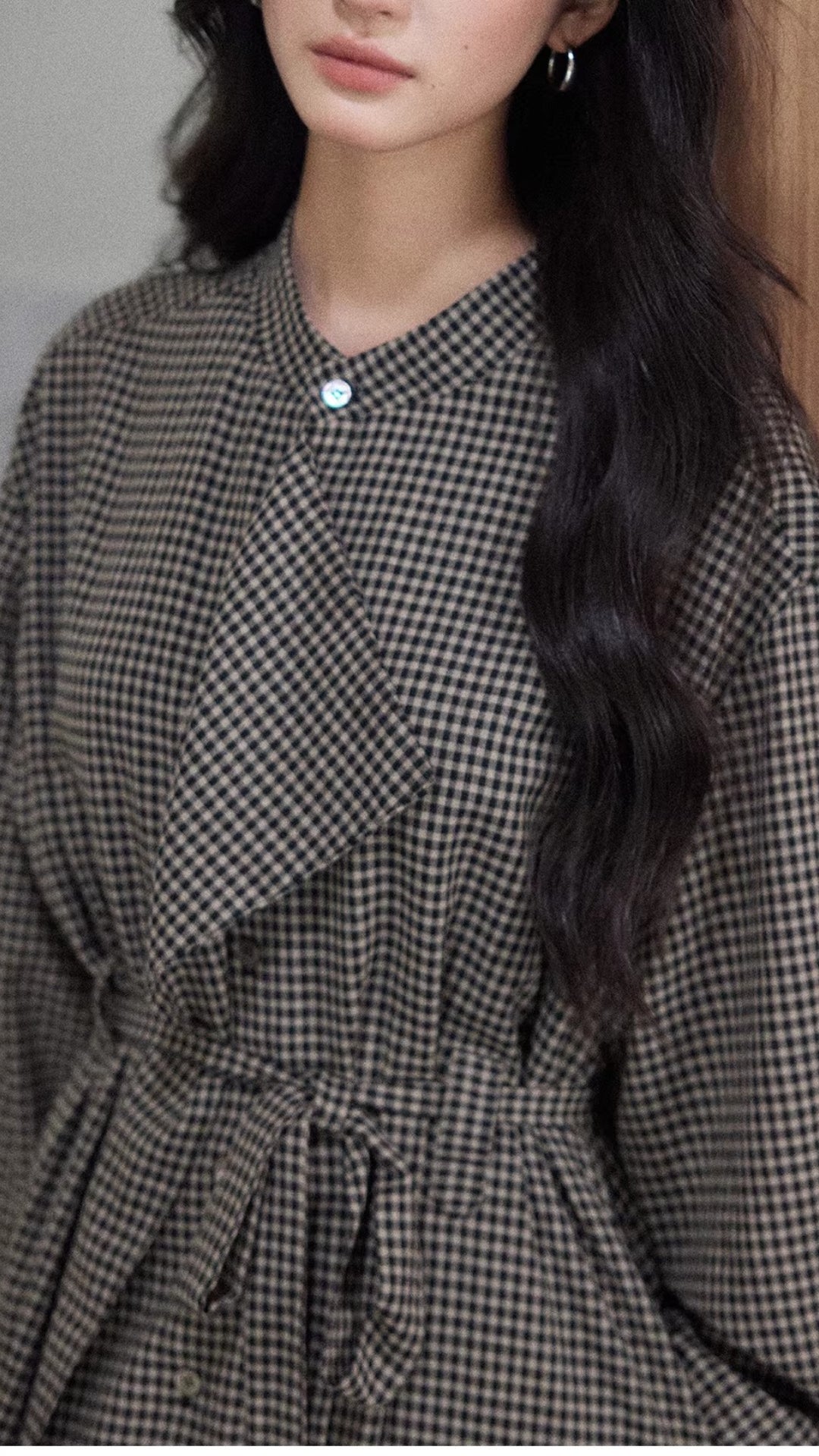 Plus Size Brown Gingham Stand Collar Long Sleeve Waist Tie Button Up Maxi Shirt Dress