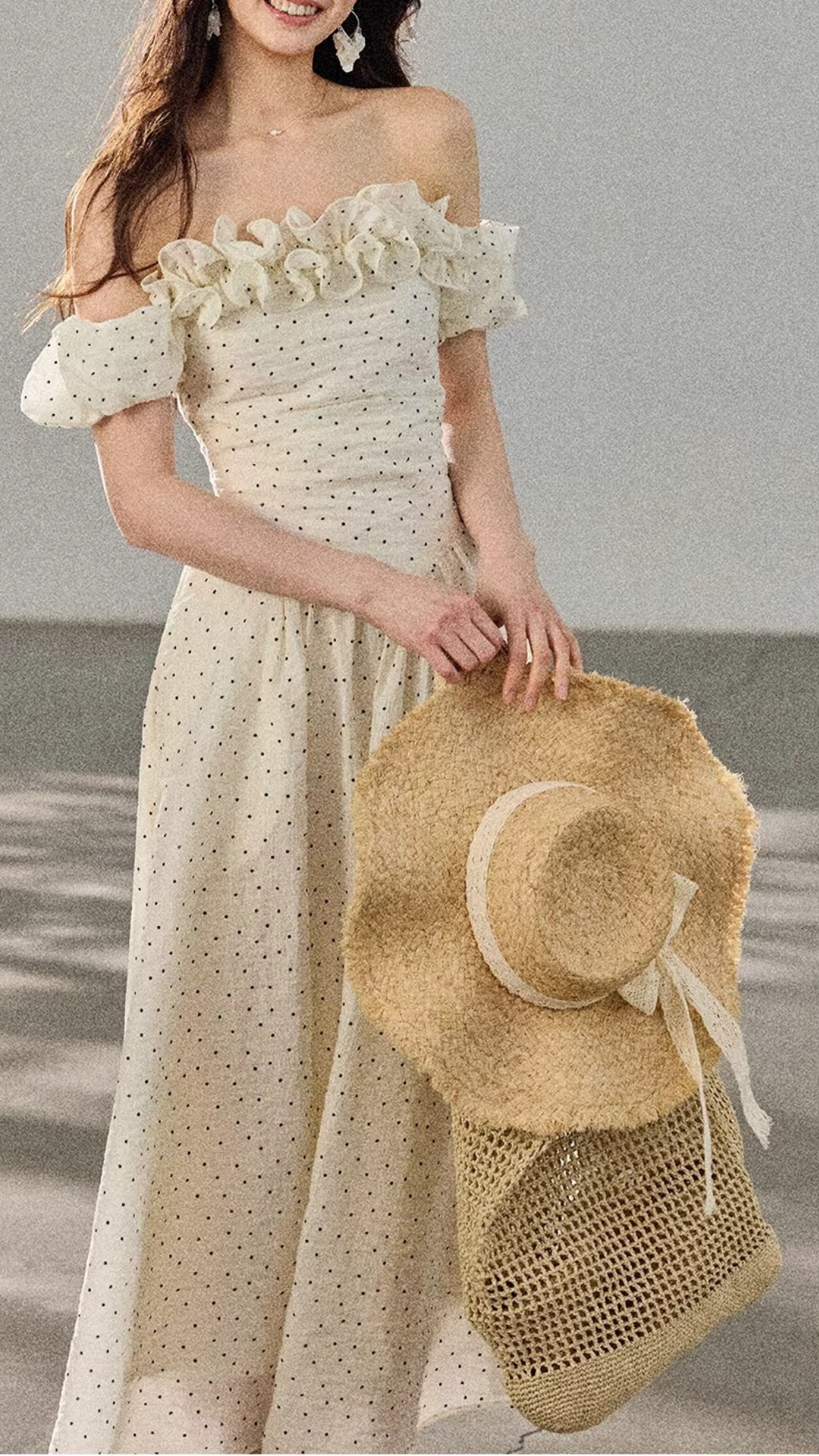 Elegant Cream Polka Dot Off-the-Shoulder Ruffle Midi Dress