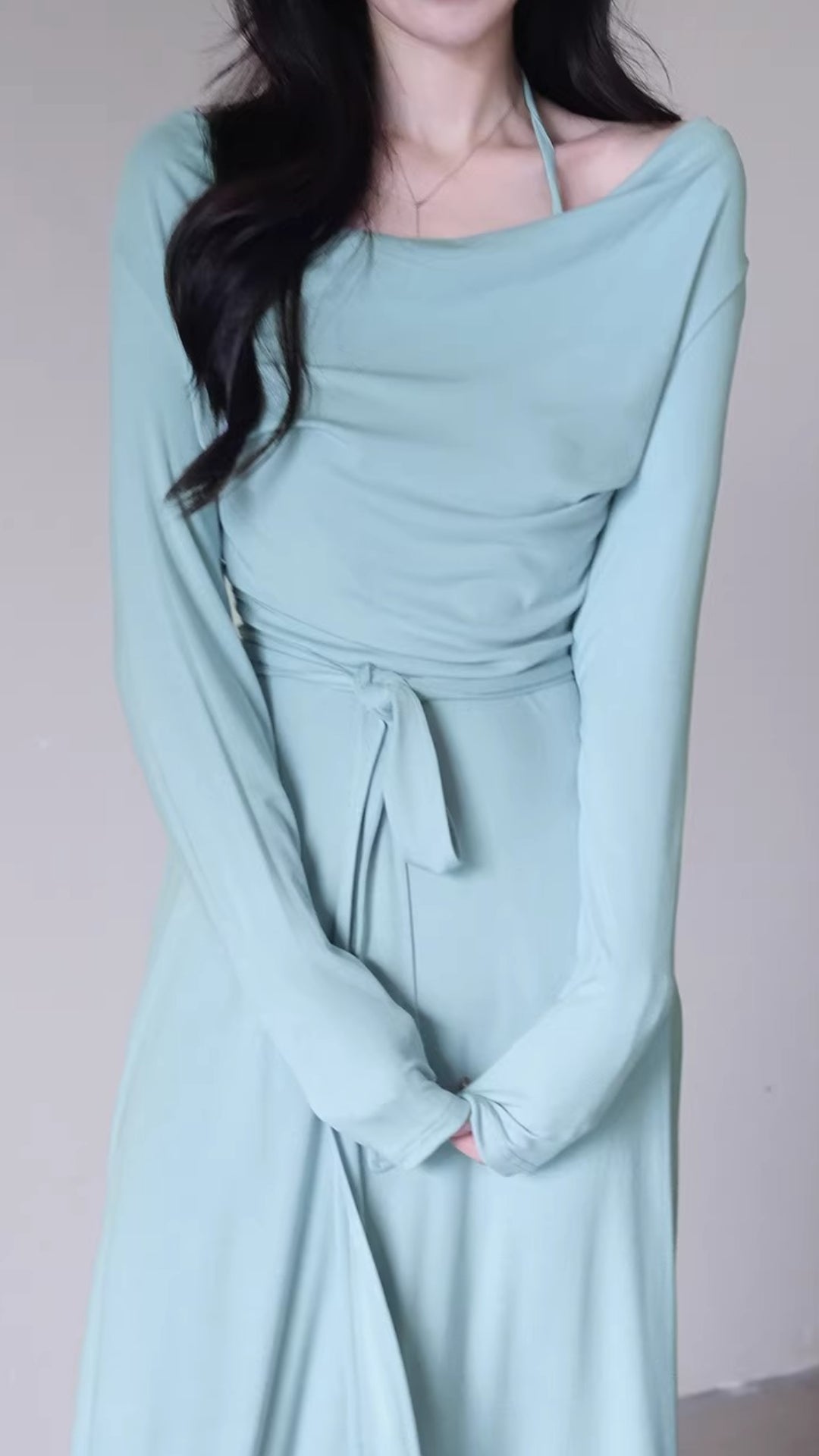 Dark Gray Cowl Neck Long Sleeve Ruched Belted Maxi Dresses Spring Summer