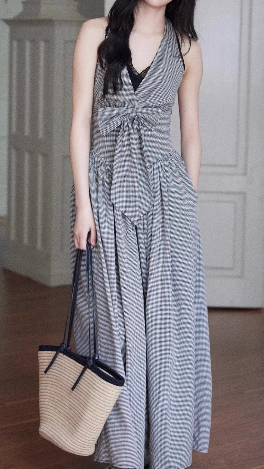 Gray Gingham Halter Neck Maxi Dress
