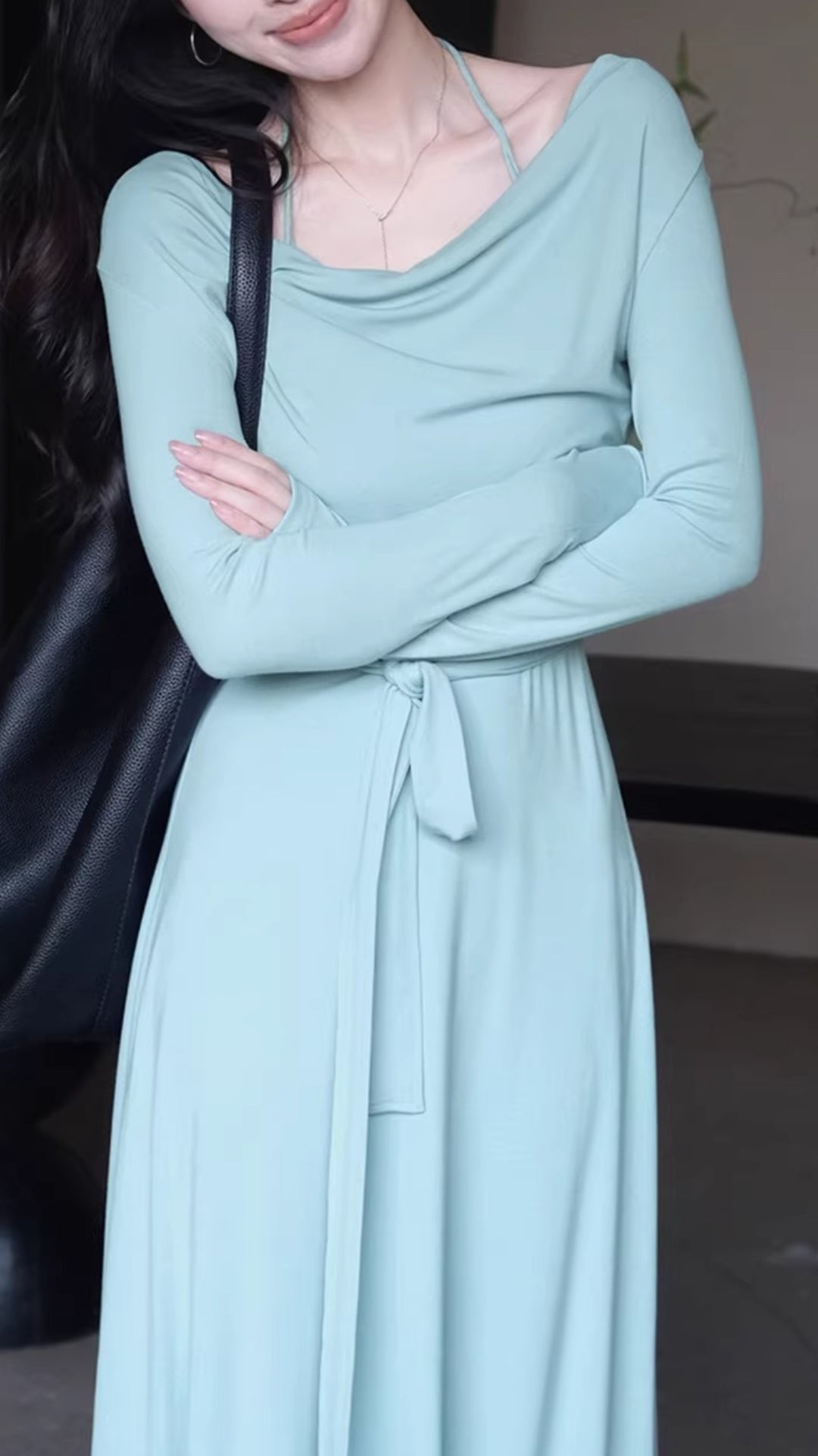 Dark Gray Cowl Neck Long Sleeve Ruched Belted Maxi Dresses Spring Summer