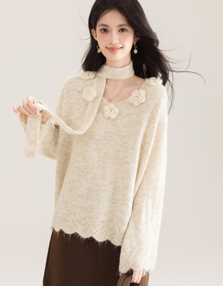 Floral Beige Hollow Out Solid Knit Sweater Winter