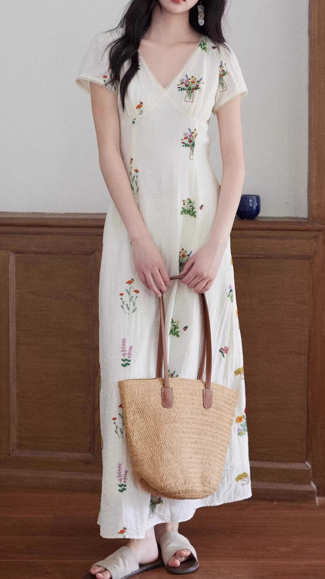 Plus Size White V-Neck Short Sleeve Floral Embroidered Maxi Dress